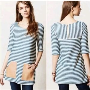 Anthro Postmark Sapony Striped Tunic Blue White Faux Leather Pockets Size Small